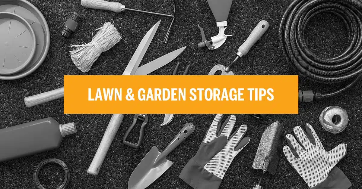 black and white image of gardening supplies with orange box the has text