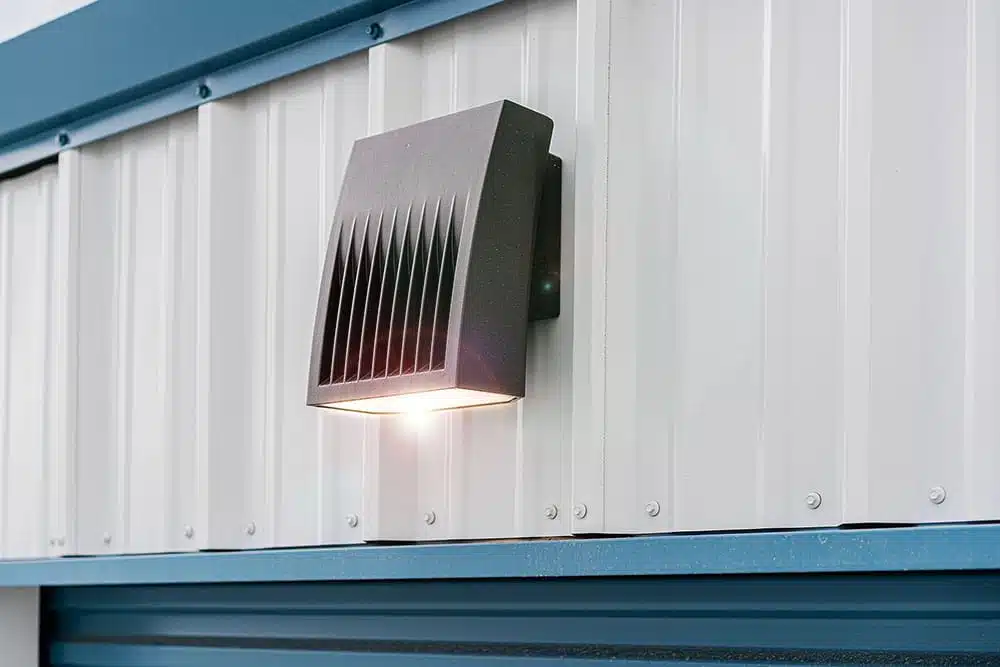 LED light mounted on storage building