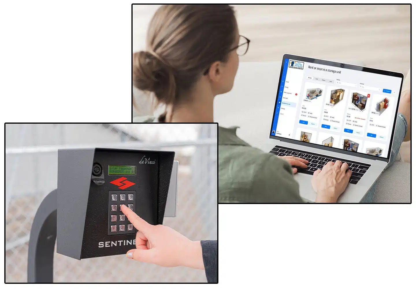 photo collage of woman renting a unit online and getting gate code access