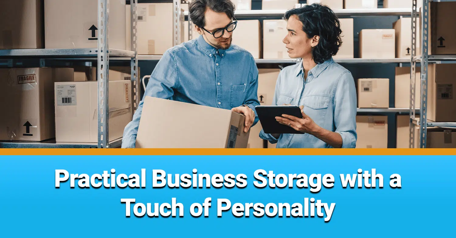 Man and woman co-worker working in their storage unit with metal shelving racks